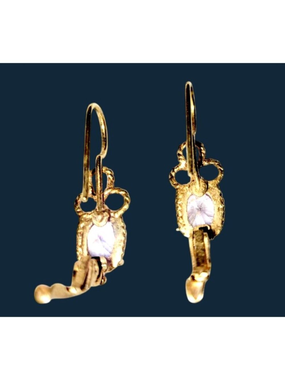 Vintage Yellow Gold Dangle Earrings Oval Lilac Amethyst Stone Filigree Design - Picture 7 of 8